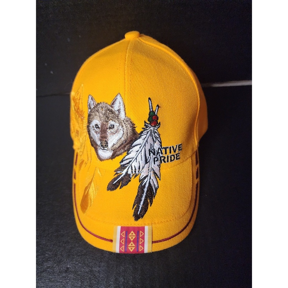 Native Pride Wolf Feather Yellow Baseball Cap Golden Lion Adjustable Hat Mens